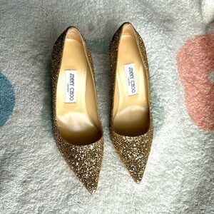 Jimmy Choo Romy 100 Golden Glitter Heels 36.5